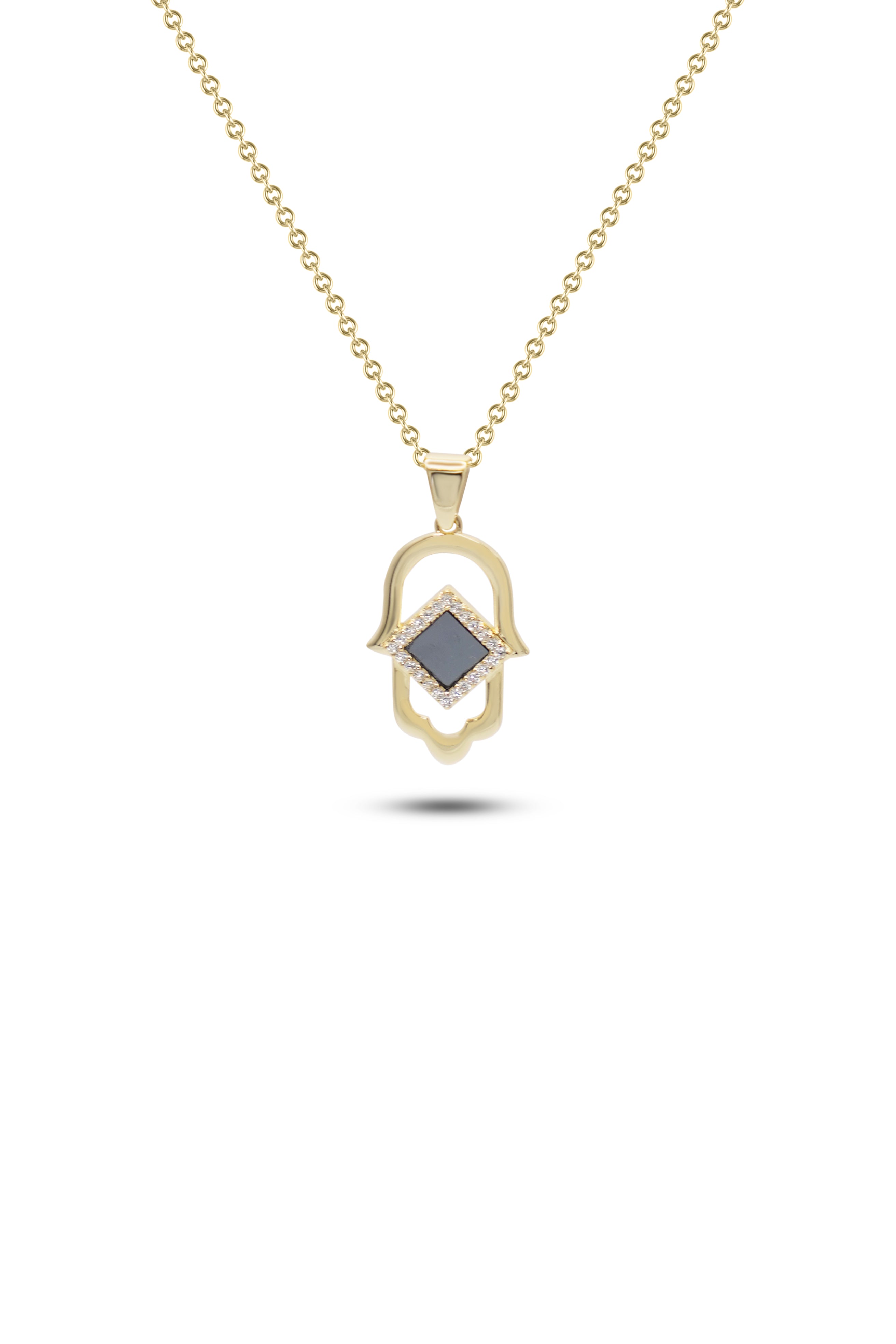 Hamsa Necklace | Old Testament Edition: Gold chain with a Hamsa hand pendant, featuring a diamond-shaped blue stone center and clear stones outlining part of the design—an eye-catching piece by NanoBless shown on a white background.