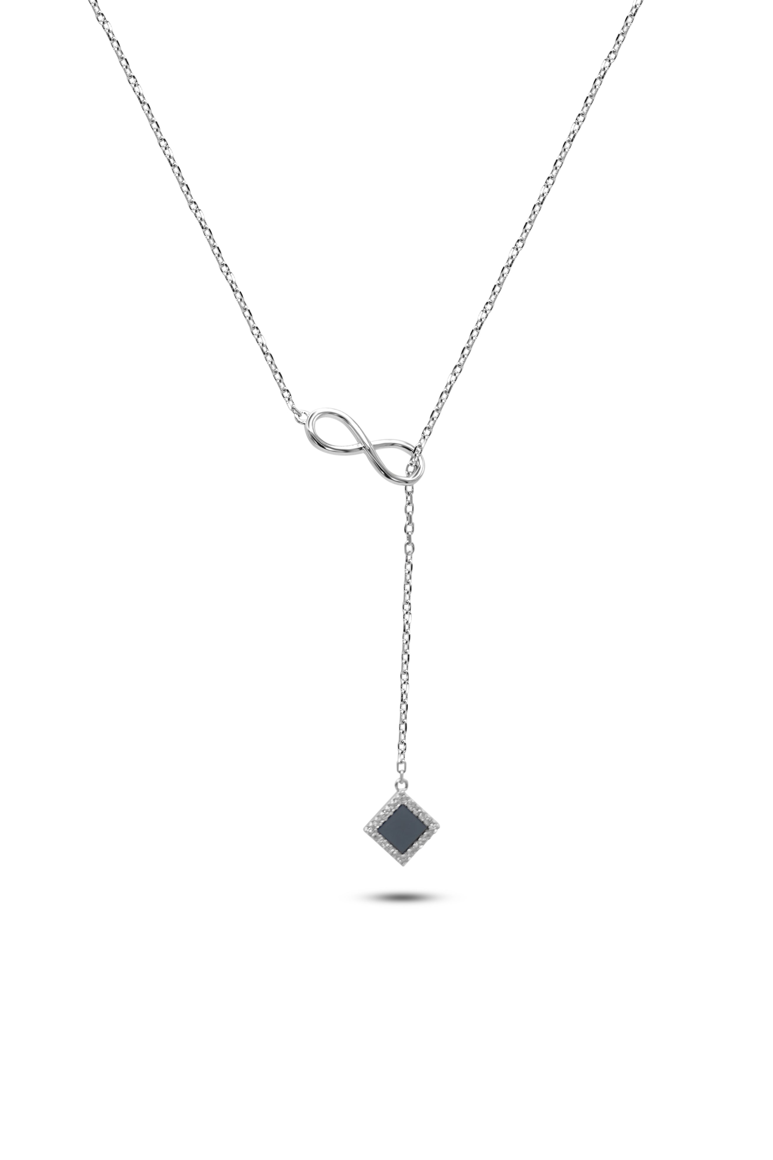 The Infinity Necklace- Old Testament Edition is a delicate silver necklace with an infinity symbol, a drop chain, and a diamond-shaped black pendant outlined by small clear stones.