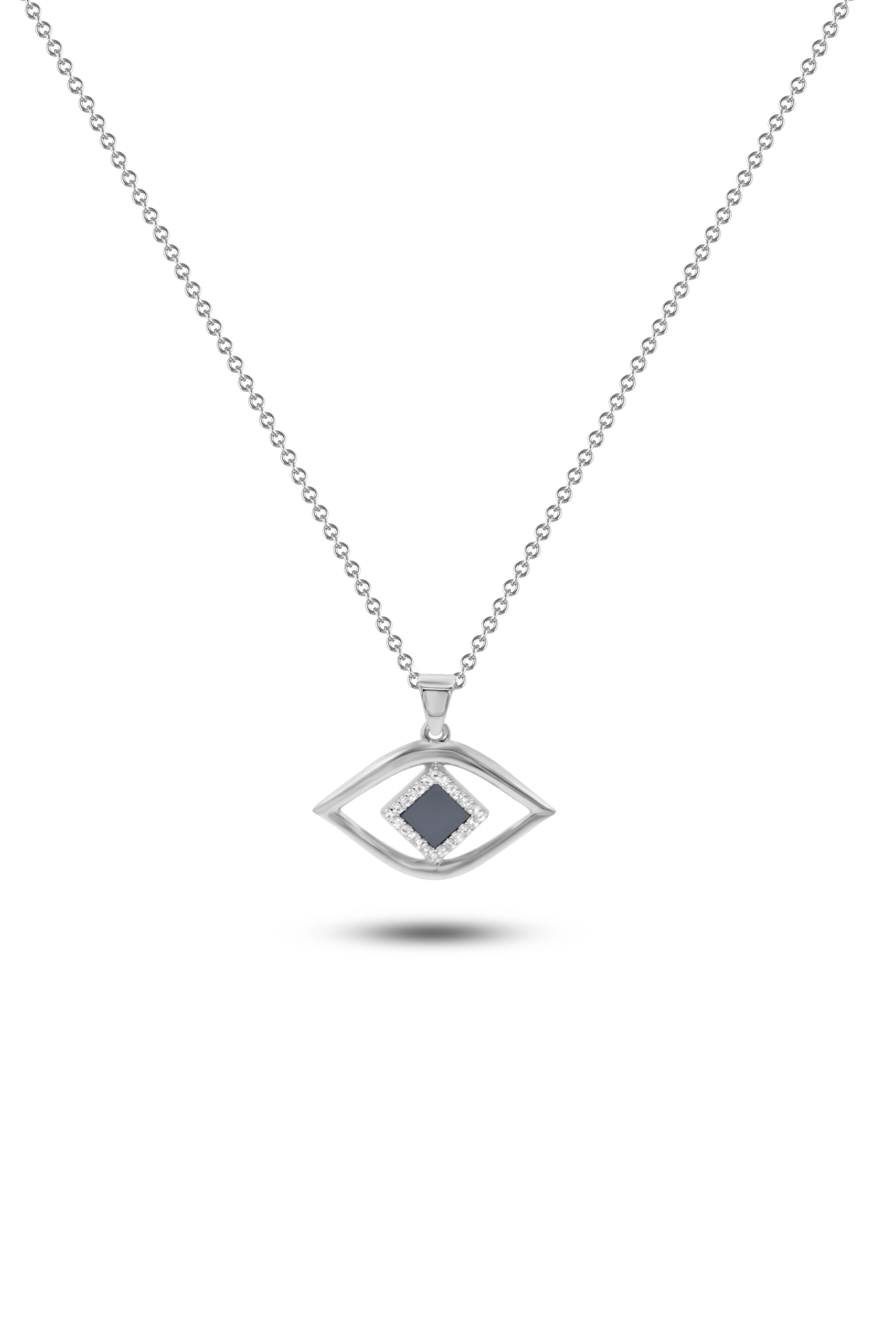 The Eye Necklace from Nano Jewelry is a delicate silver chain with an eye-shaped pendant, featuring a dark center stone and a silver outline, shown on a white background.