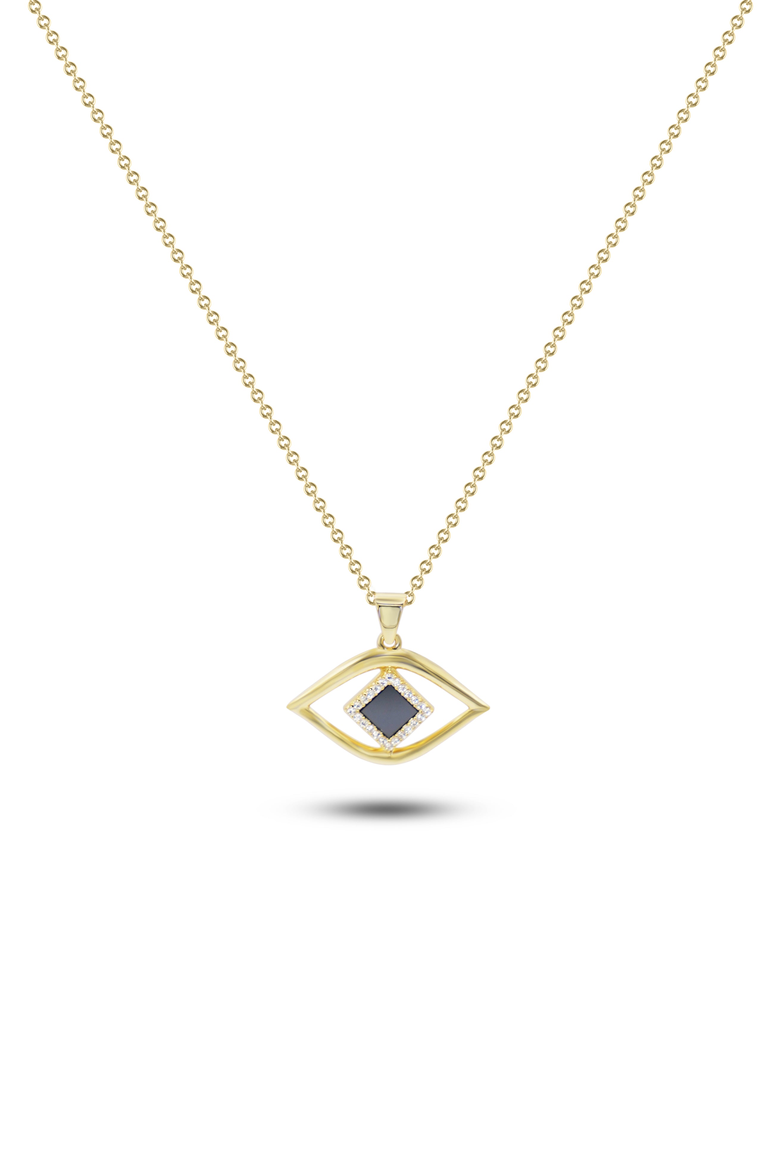 The Eye Necklace features a gold chain and an eye-shaped pendant with a central dark gemstone surrounded by clear stones, highlighting the timeless elegance of Nano Jewelry against a white background.