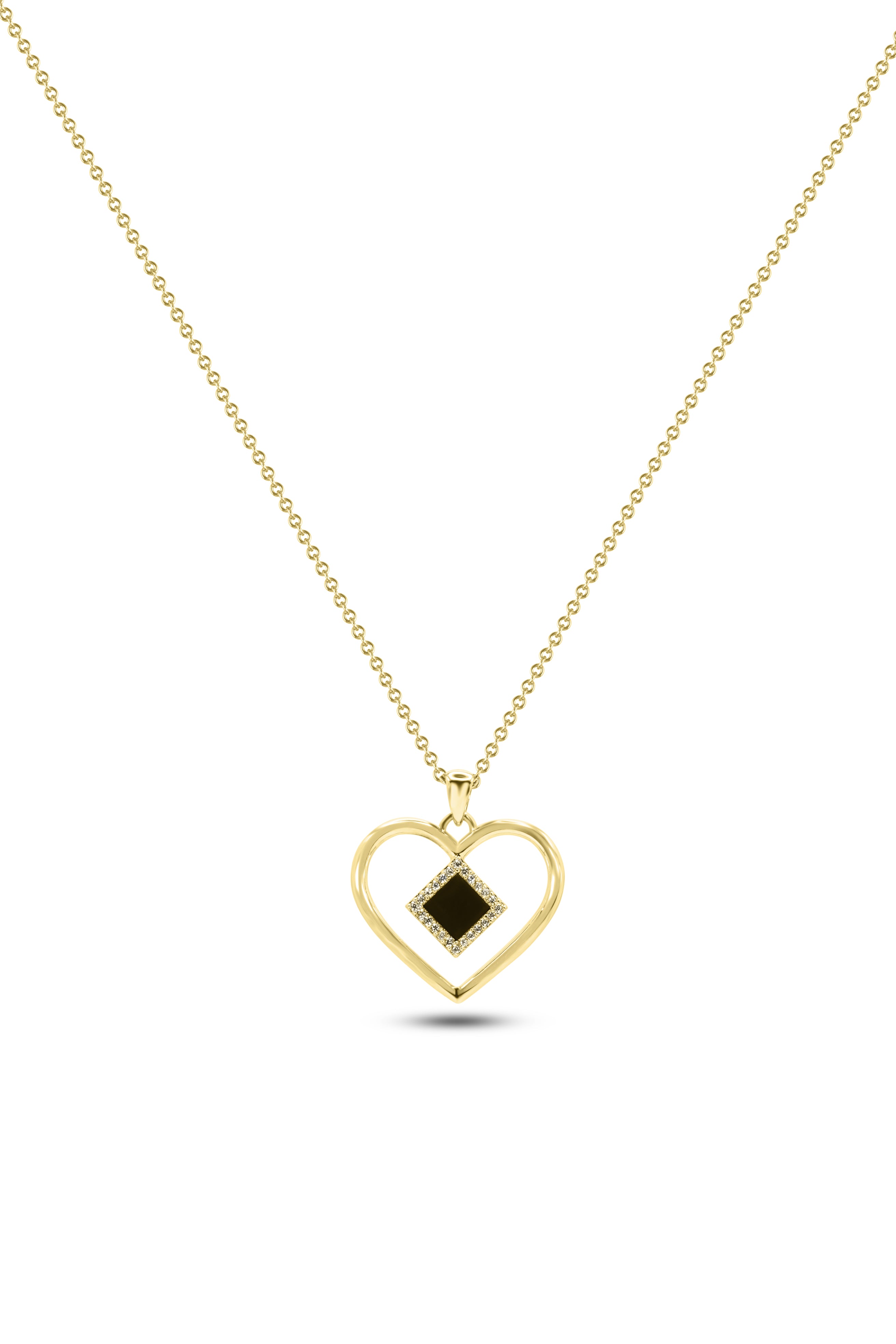 The Heart Necklace | Old Testament Edition features a fine gold chain and an open heart pendant with a central Nanochip black square, shown on a white background—a modern take on Jewish jewelry.