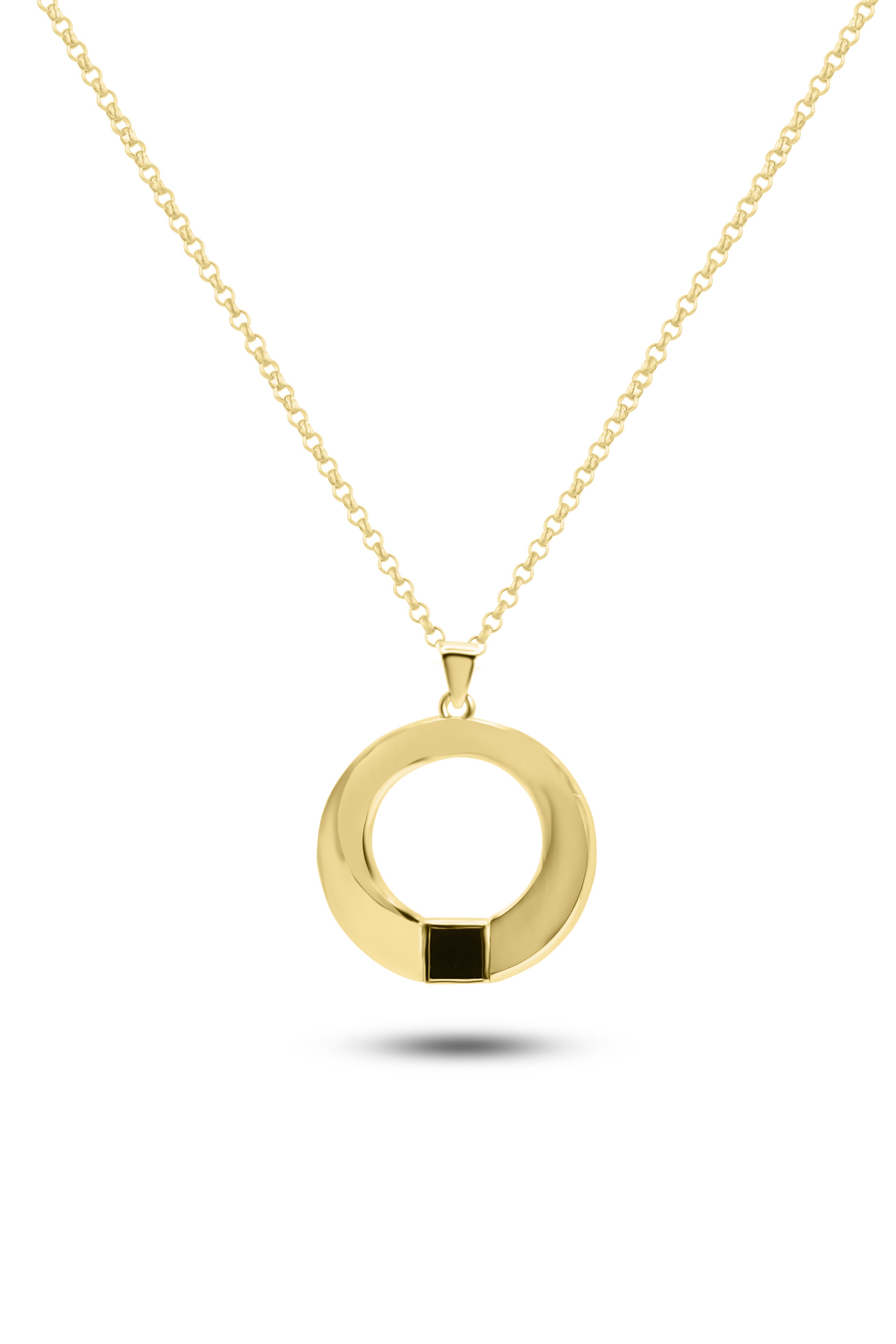 The Eternity Circle Necklace is a gold chain with a circular pendant featuring a small black rectangular Nanochip accent at the bottom, displayed on a white background. Ideal for those seeking modern Jewish jewelry with subtle innovation.