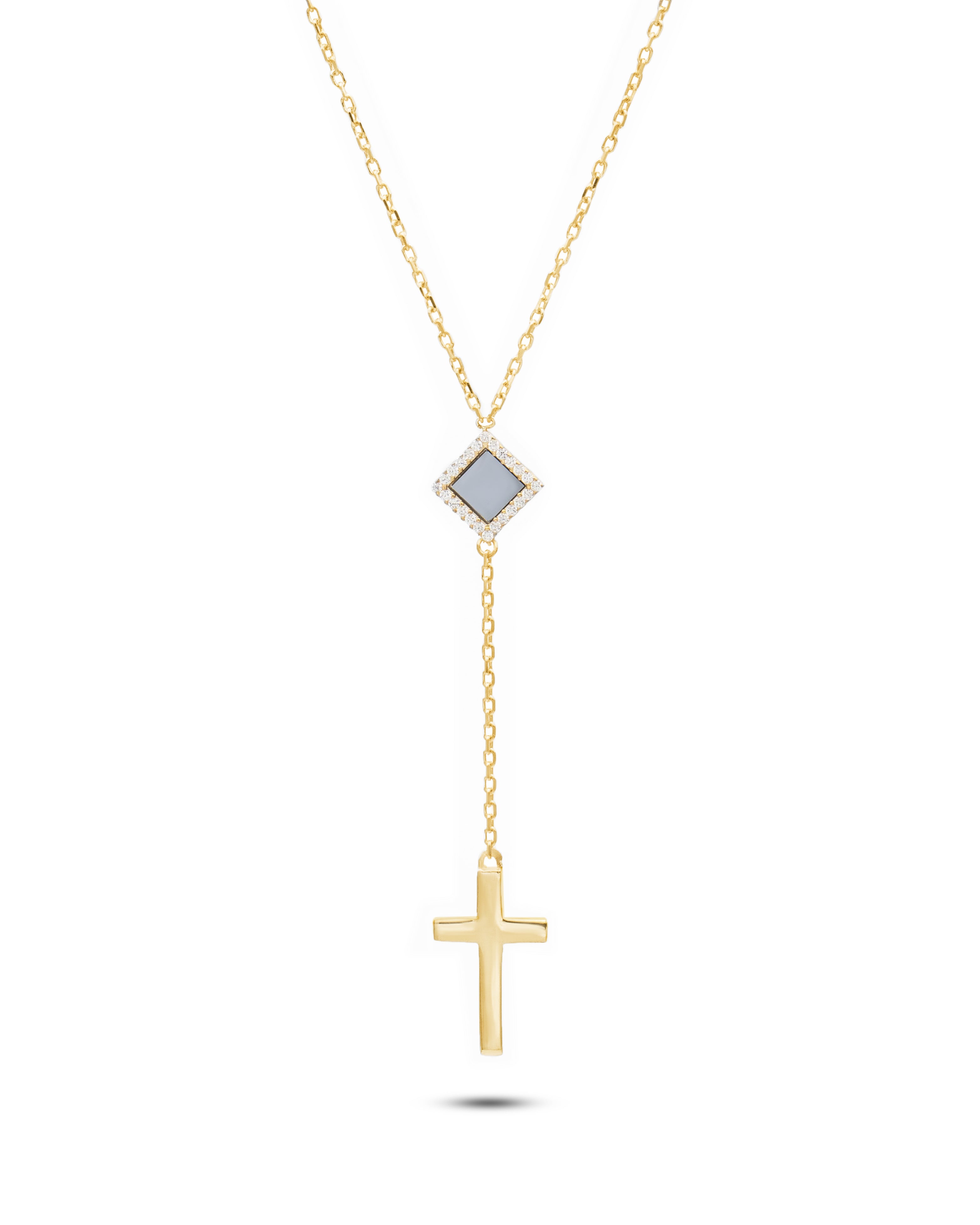 Minimalistic and elegant, the Mini Cross Y Necklace features a diamond-shaped accent with a gray center and a vertical drop ending in a simple gold cross pendant—a refined, delicate piece of Christian jewelry.