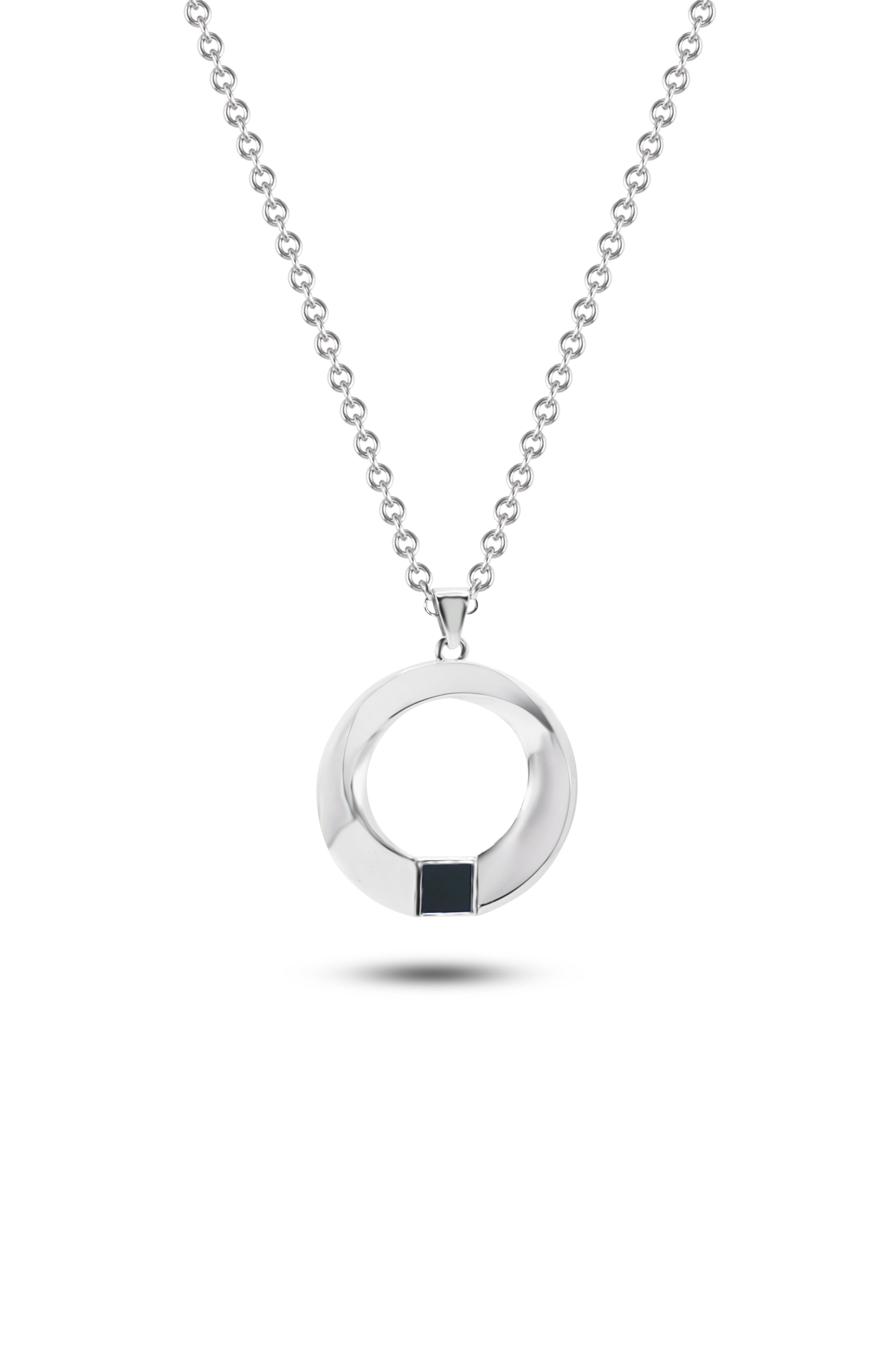 The Eternity Circle Necklace features a silver chain and an open circular pendant with a small rectangular black accent at the bottom, from the Nano Jewelry collection, shown against a white background.