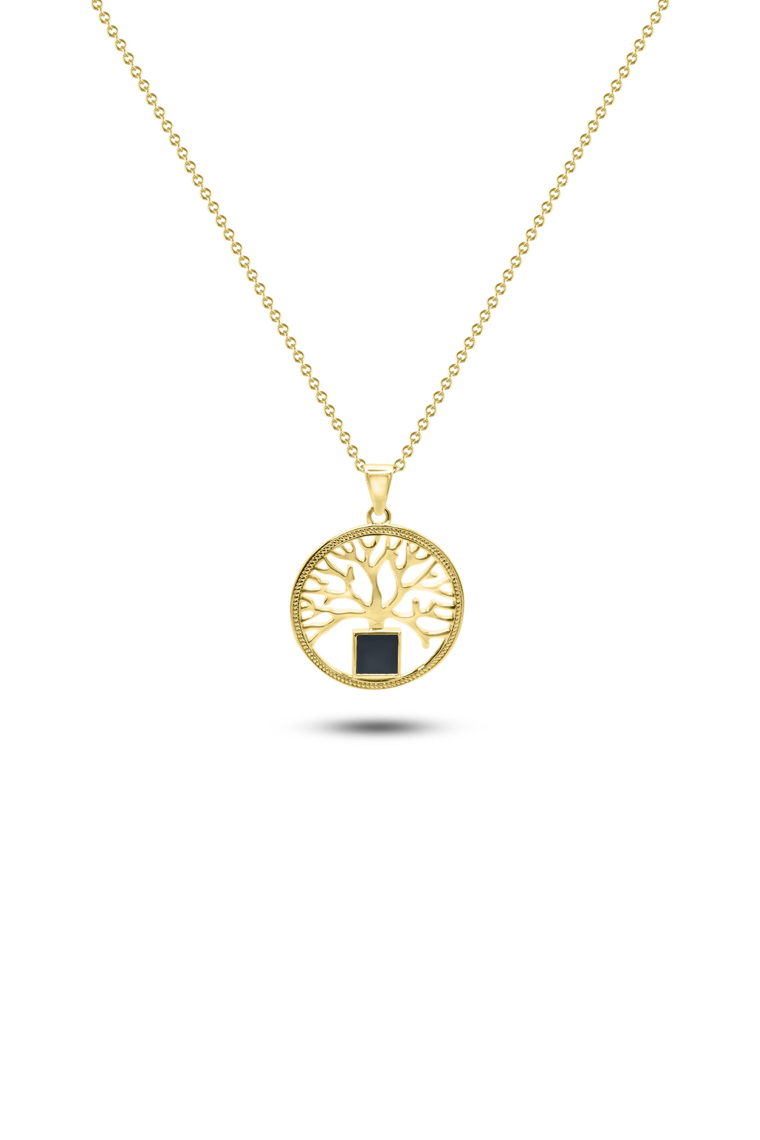 The Tree of Life gold Nano Jewelry necklace features a circular pendant with an intricate tree of life design and a small black rectangular nano chip at the base, shown on a white background.