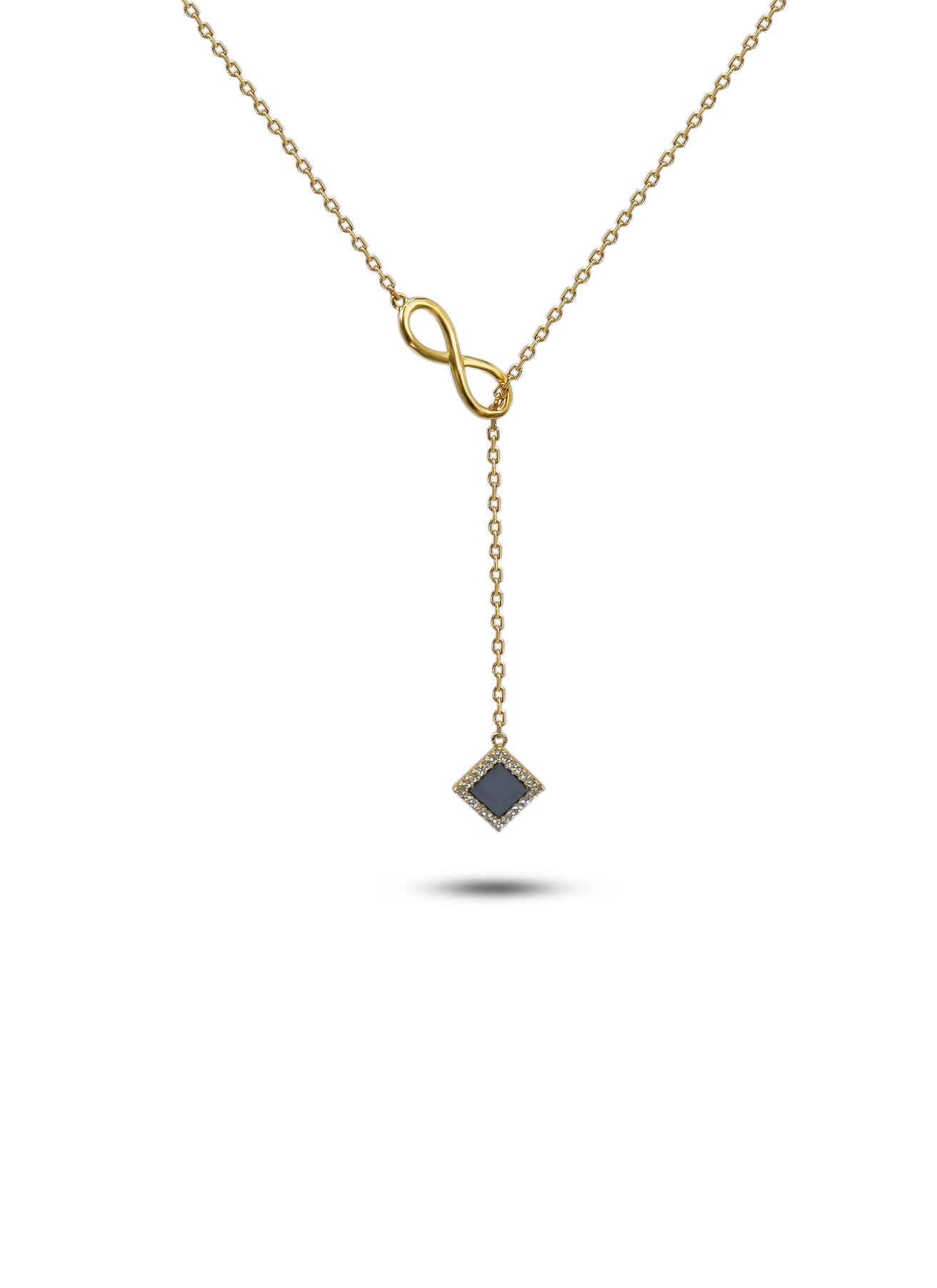The Infinity Necklace - Old Testament Edition by Nano Jewelry features a gold chain with an infinity symbol on one side and a diamond-shaped pendant with a dark center and small accent stones, elegantly displayed against a white background.