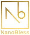 Gold logo with stylized letters N and b inside a square outline, resembling the initials Nb. The word NanoBless appears below in gold text, all on a black background—perfect for an elegant Nano jewelry or Jewelry brand identity.