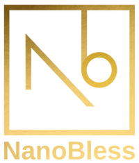 Gold logo with stylized letters N and b inside a square outline, resembling the initials Nb. The word NanoBless appears below in gold text, all on a black background—perfect for an elegant Nano jewelry or Jewelry brand identity.