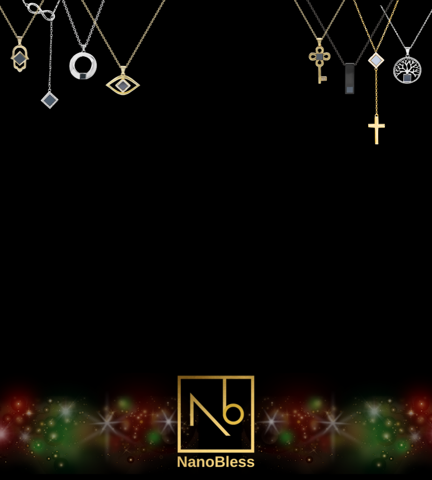 A black background displays various gold and silver NanoBless necklaces with different pendants at the top, and a gold NanoBless logo with colorful lights at the bottom center.